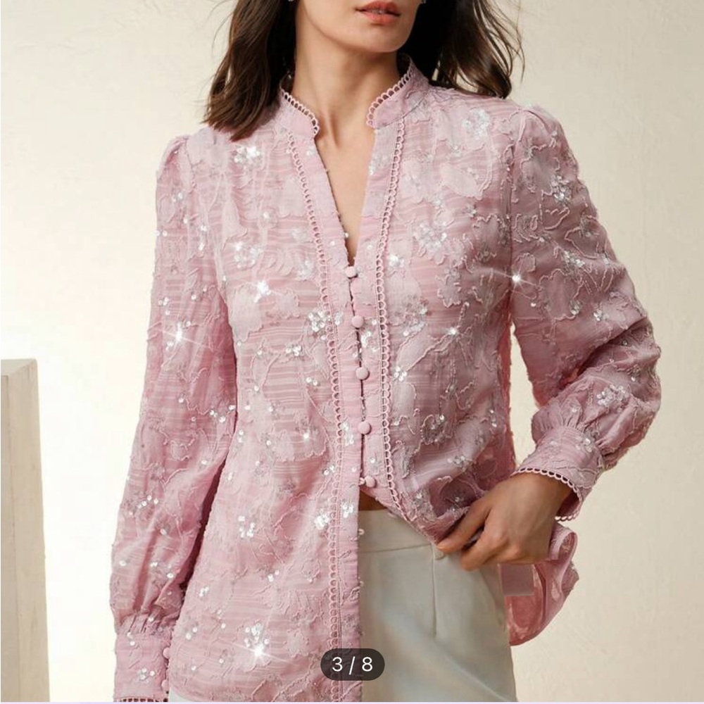 Women's Pink Embellished Lace Button-Front Blouse